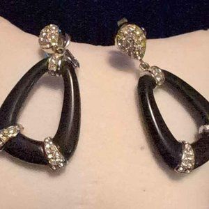 Vintage Rhinestone and Black Drop Clip Earrings